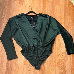 Forever 21 Deep Green Satin Wrap Bodysuit